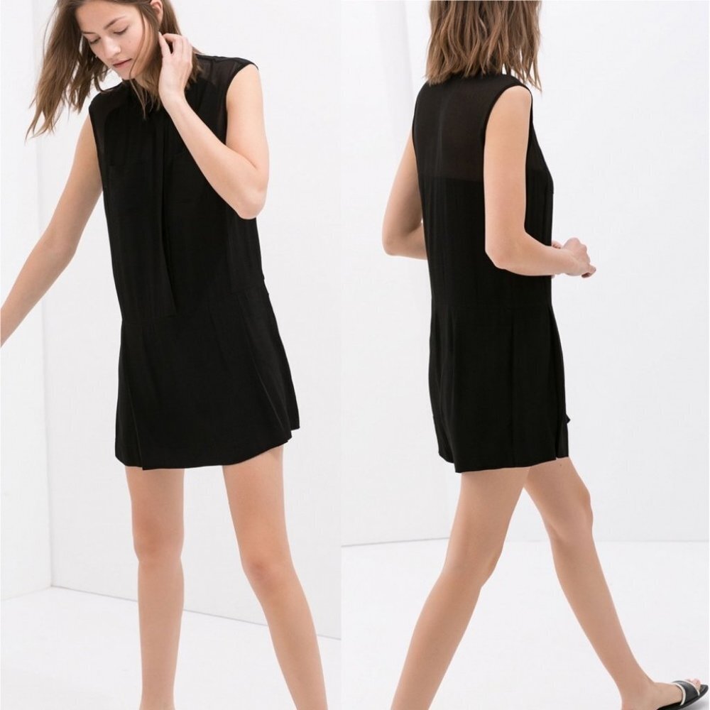 Zara Playsuit Black Button Front Romper Pockets Size XS Minimalist Sheer Minimal